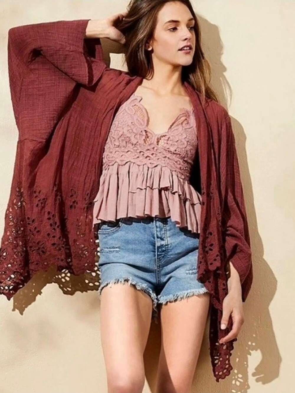 Free People Eyelet Boho Lightweight Cardigan